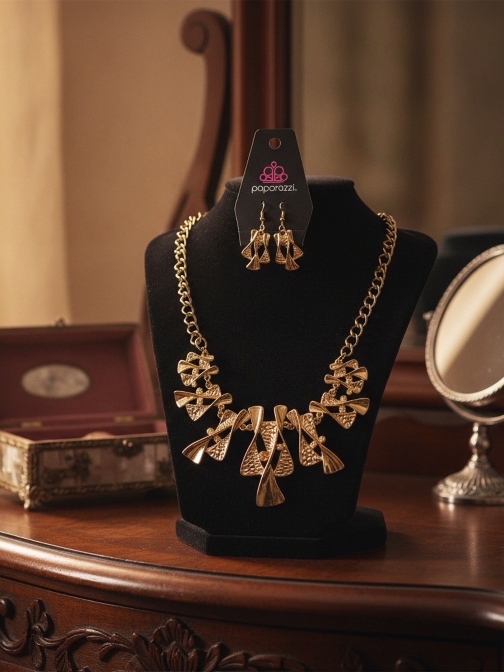 The Sands of Time gold tone necklace and matching earring set by Paparazzi